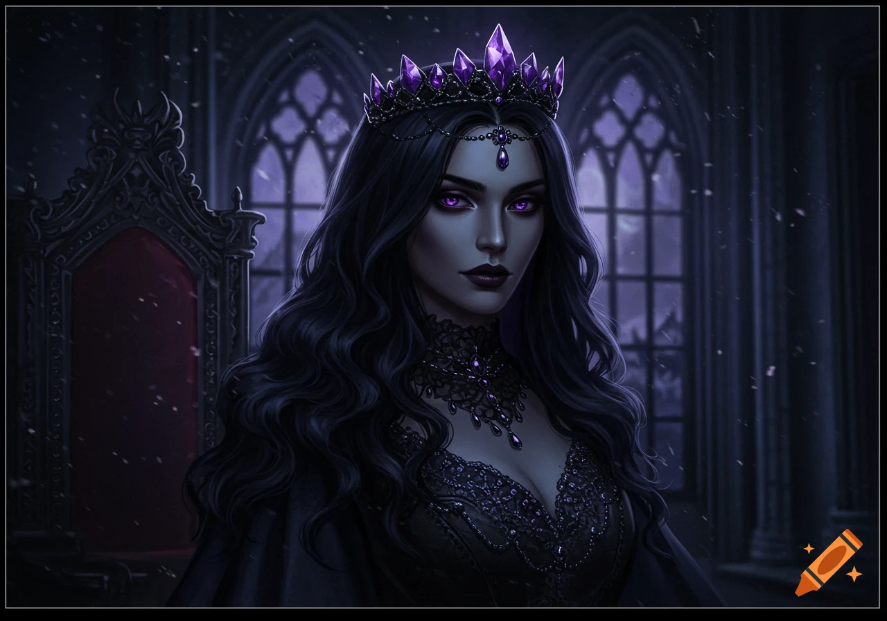 A dark queen with black wavy hair, piercing purple eyes, and a jeweled purple crown sits on a throne in a gothic chamber.