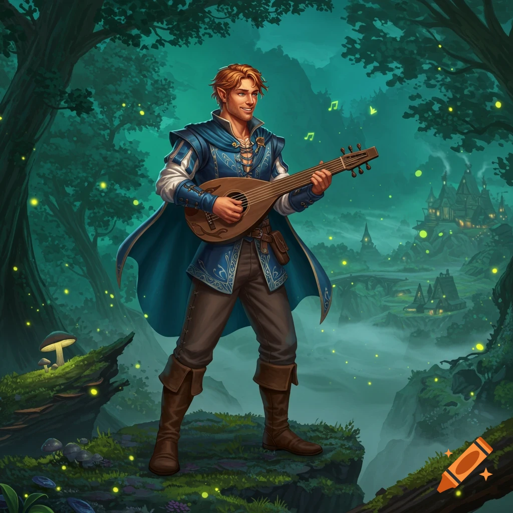A smiling elf bard in blue plays a lute on a mossy cliff in an enchanted forest with distant castles and fireflies, fantasy illustration.