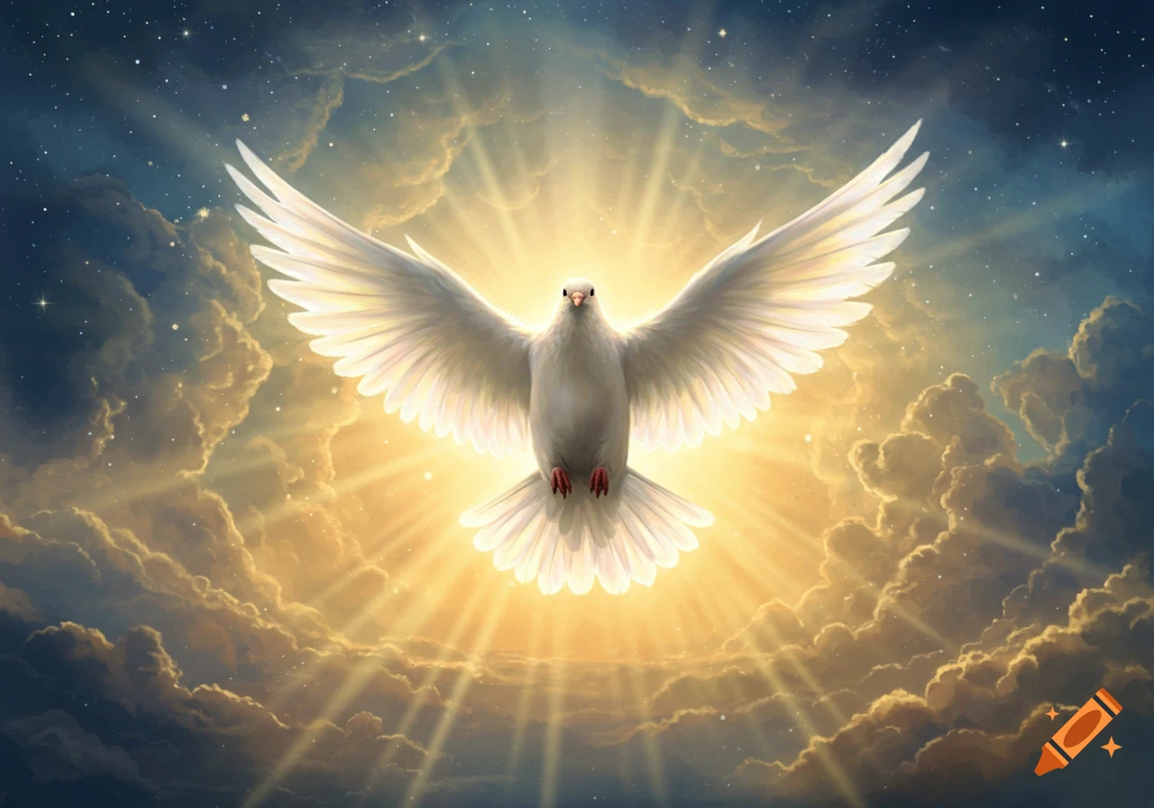 A white dove with outstretched wings flies amidst golden light rays, glowing clouds, and a starry blue sky.