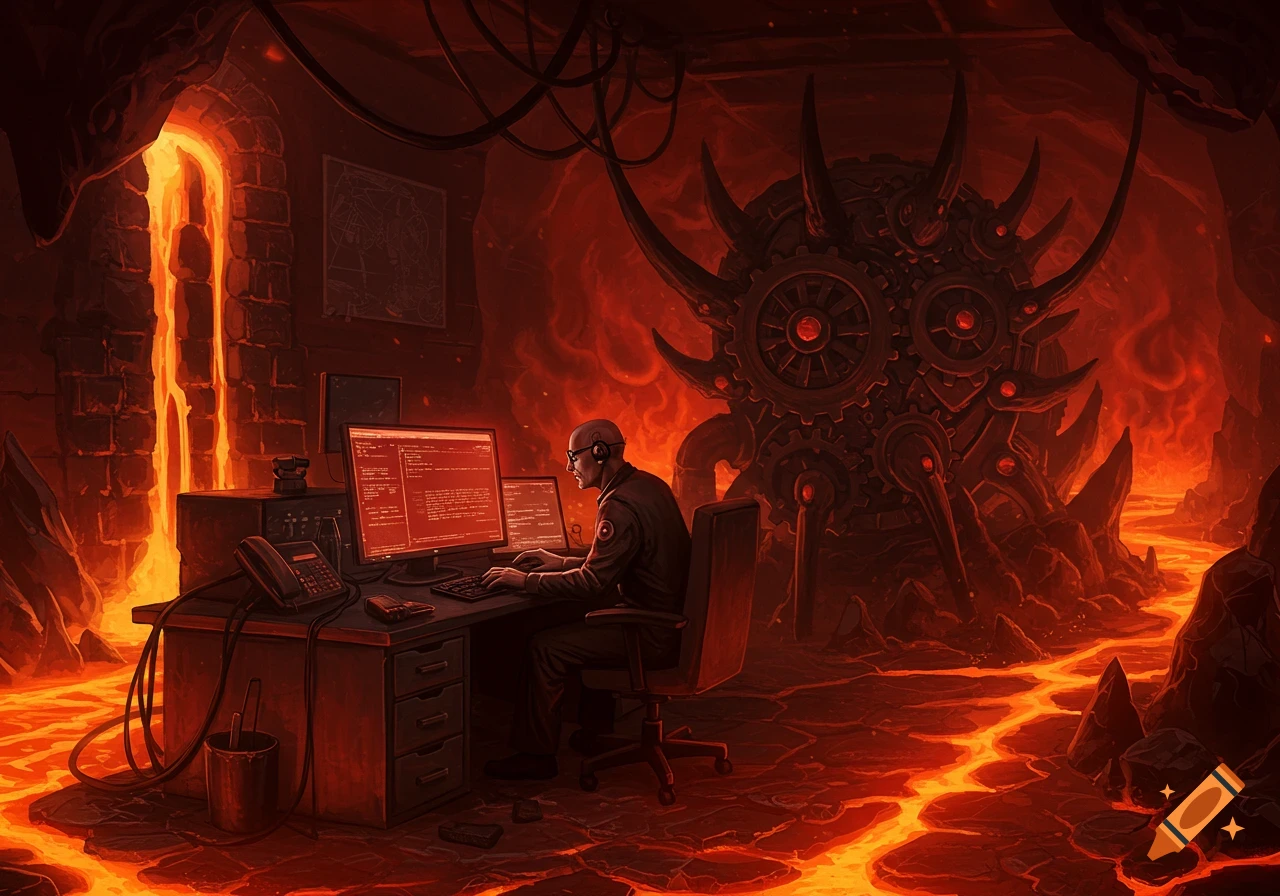 A bald technician in glasses works at a computer in a hellish, lava-filled cave, with a large demonic mechanical structure behind him.