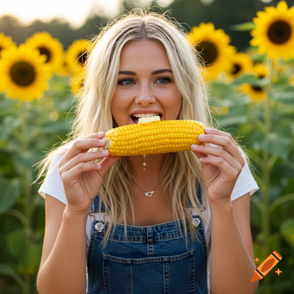 Blonde woman in denim overalls eating buttered corn on the cob in a sunflower field.