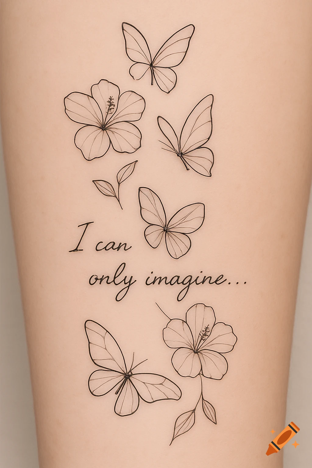 A minimalist tattoo on skin featuring line art butterflies, hibiscus flowers, and the text 'I can only imagine...'.