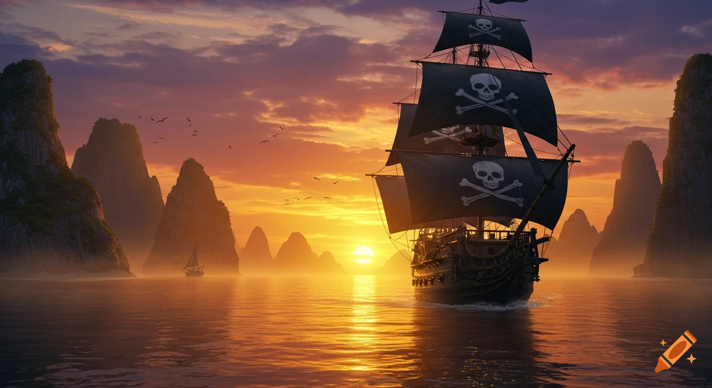 A majestic pirate ship with skull and crossbones sails into a vibrant sunset, surrounded by towering, misty islands.
