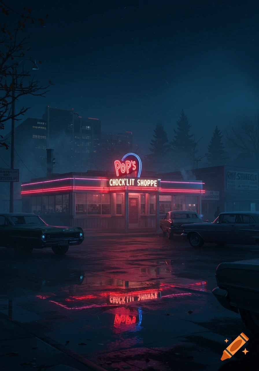 A retro-style diner with bright neon signs for "Pop's Chock'lit Shoppe" at night, reflecting on a wet street. Classic cars are parked outside under a dark, misty sky.