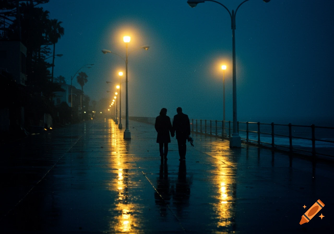 Two silhouettes of lovers walk hand-in-hand on a wet, illuminated boardwalk at night, reflecting warm streetlights and surrounded by dark blue fog.