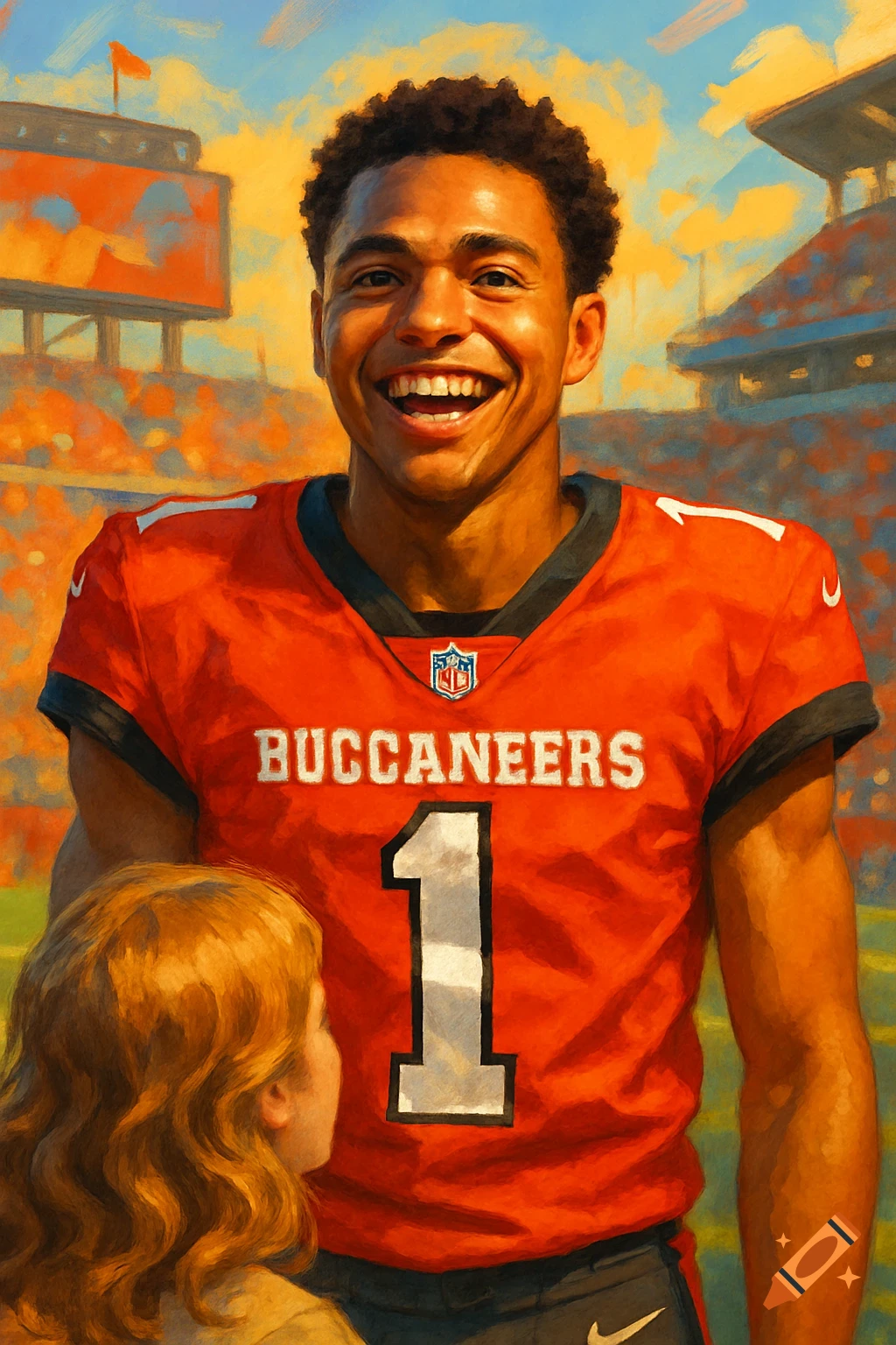 Smiling football player in a red Buccaneers jersey with number 1, looking at a child in the foreground, painterly style.