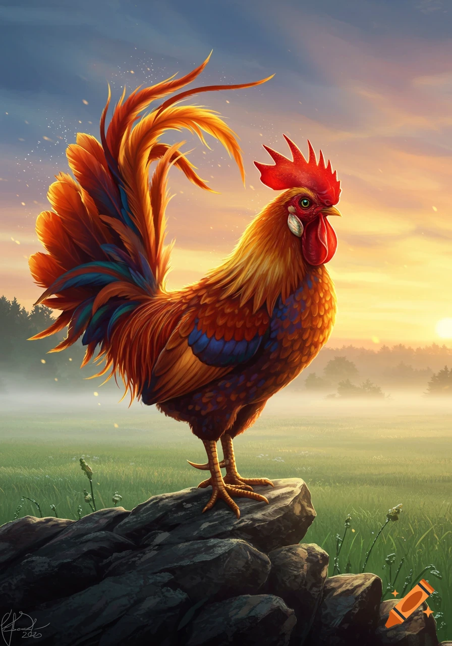 A vibrant rooster with iridescent feathers stands on a rock wall in a misty field at sunrise. Digital art style.