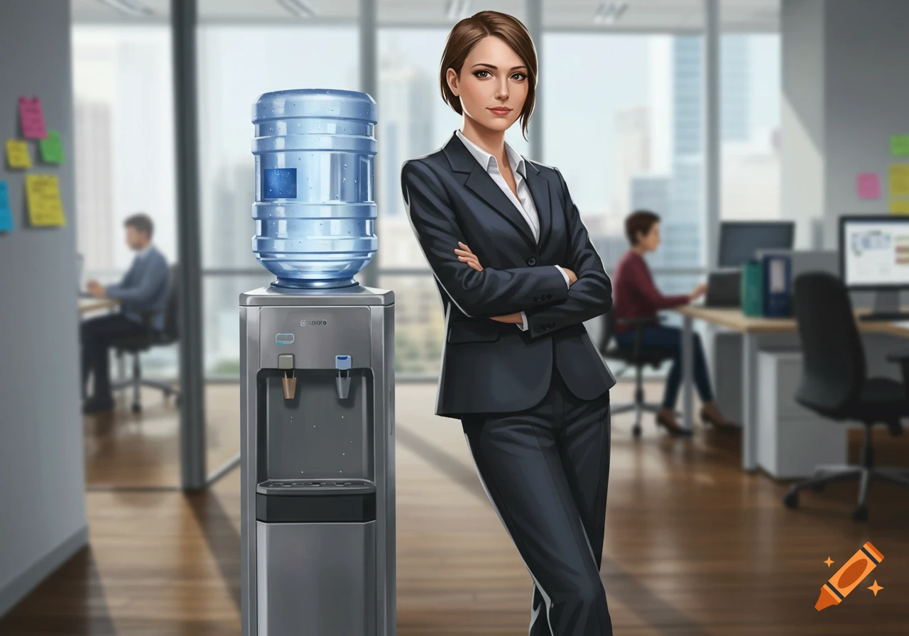 A professional woman in a dark business suit stands with crossed arms, leaning on a water cooler in an office, digital art style.