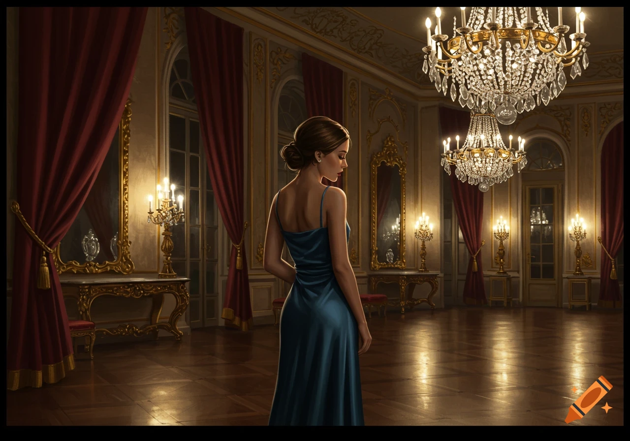 A woman in a blue gown stands in an opulent ballroom with chandeliers and red curtains. Photorealistic.