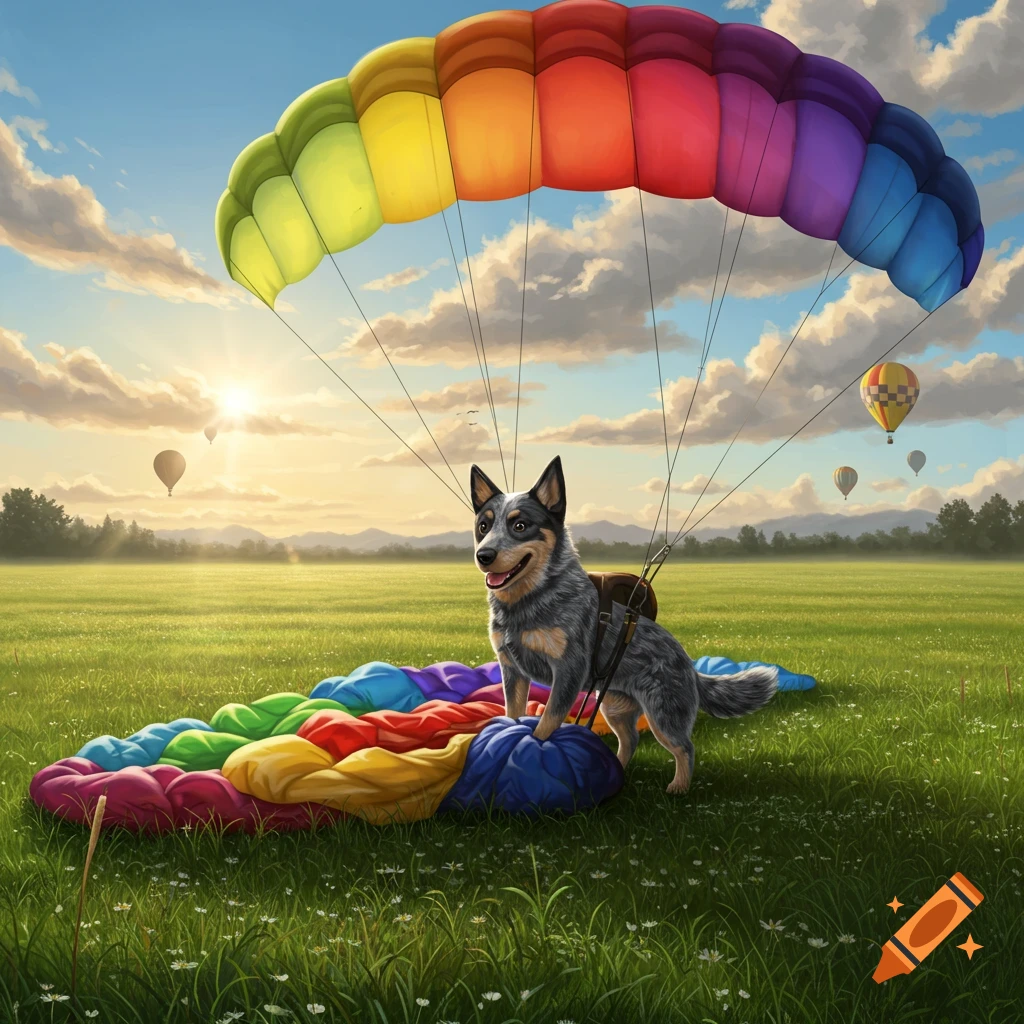 A Blue Heeler dog stands on a rainbow parachute in a sunny green field with hot air balloons in the sky.
