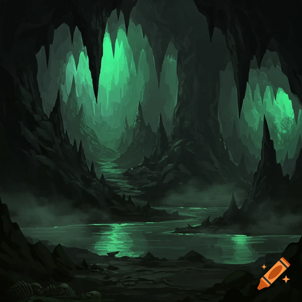 A dark, eerie cave illuminated by glowing green light reflects in a mysterious river, with skeletal remains on the ground.