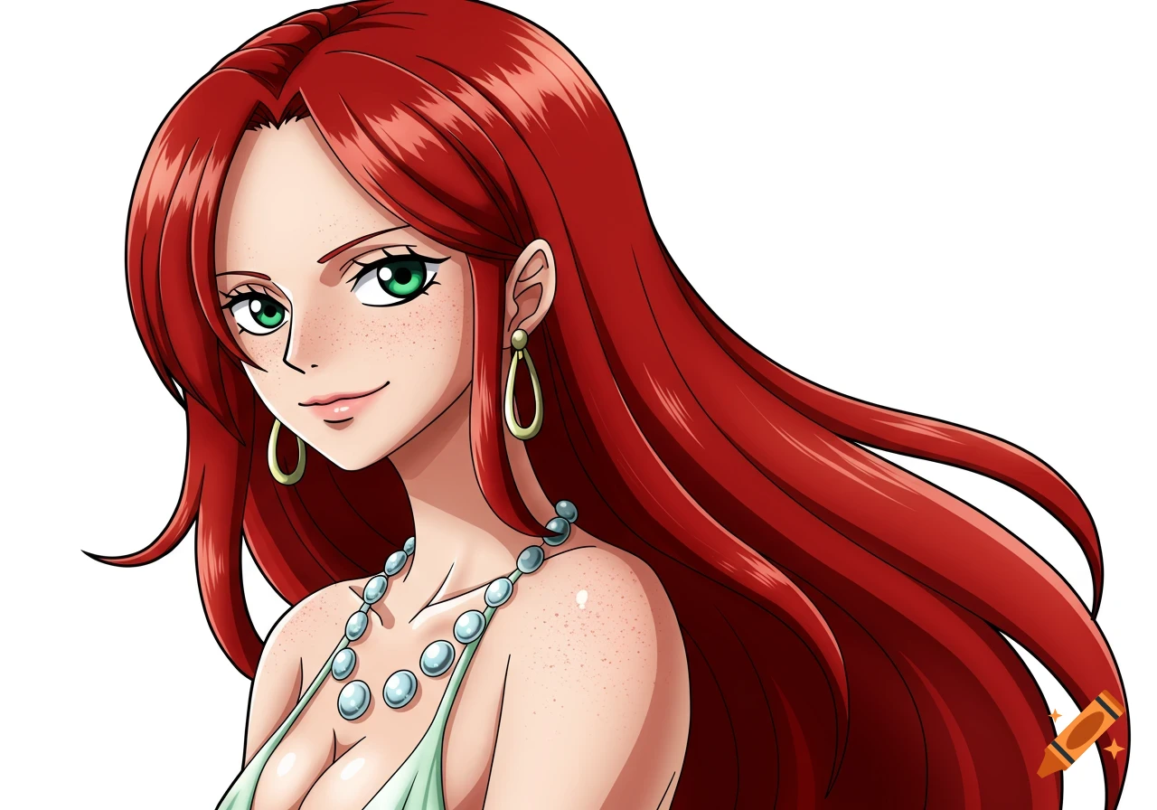 Anime portrait of a red-haired woman with green eyes and freckles, wearing a light green dress, necklace, and earrings.