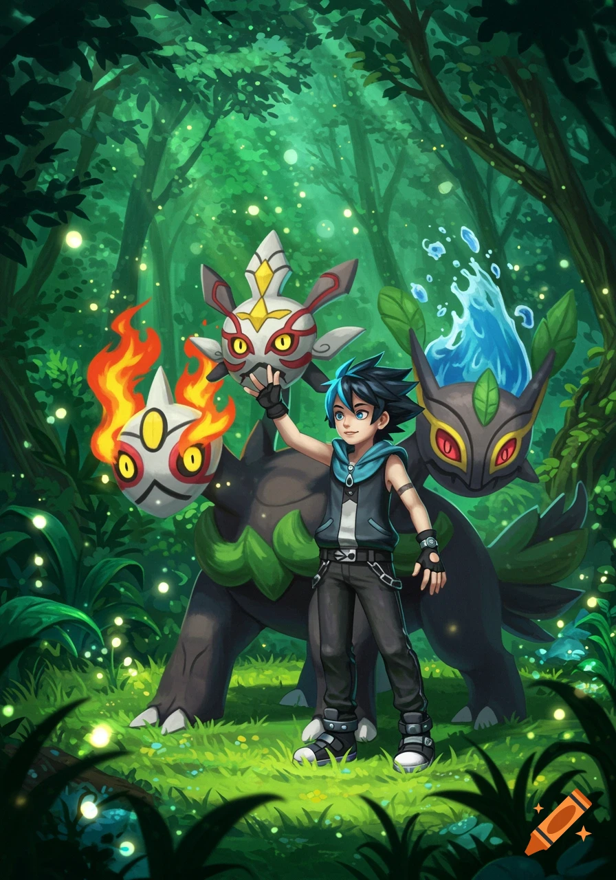 Anime boy with black-blue hair in a lush forest with three masked Ogerpon Pokemon forms showing fire, water, and grass elements.