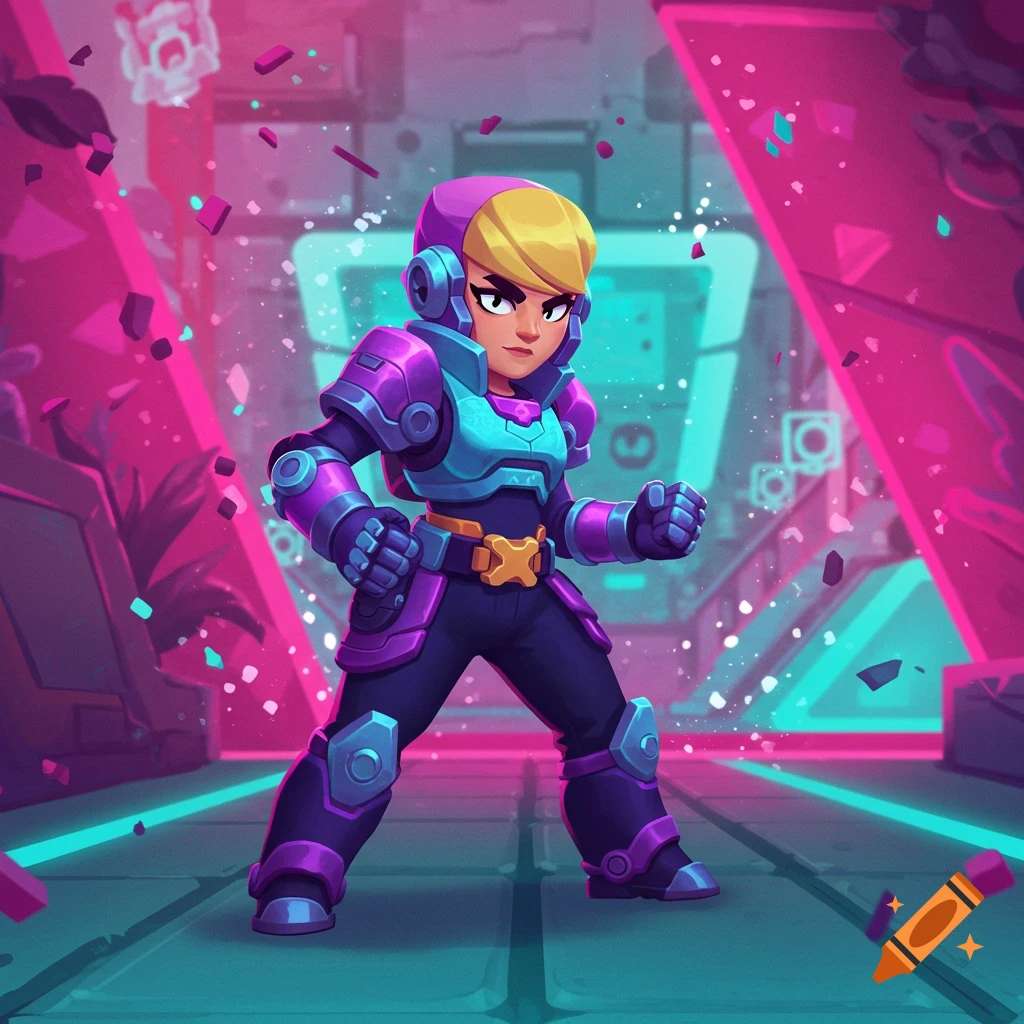 A stylized female character in purple and teal futuristic armor stands in a vibrant neon pink and teal sci-fi environment.