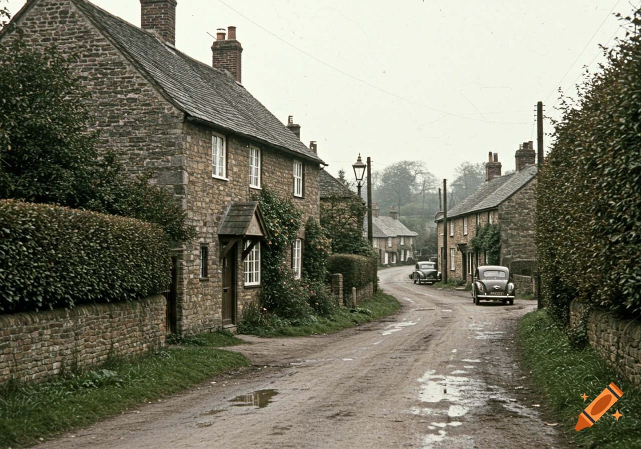 A muddy, unpaved lane in a rural English village, lined with stone cottages and lush hedges under an overcast sky. Two vintage 1950s cars are visible on the road.