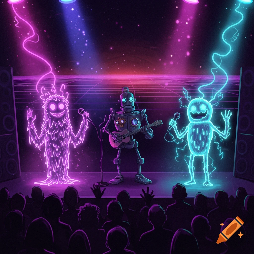 A robot guitarist and two glowing neon monsters perform on stage for an audience, lit by vibrant purple and blue lights.