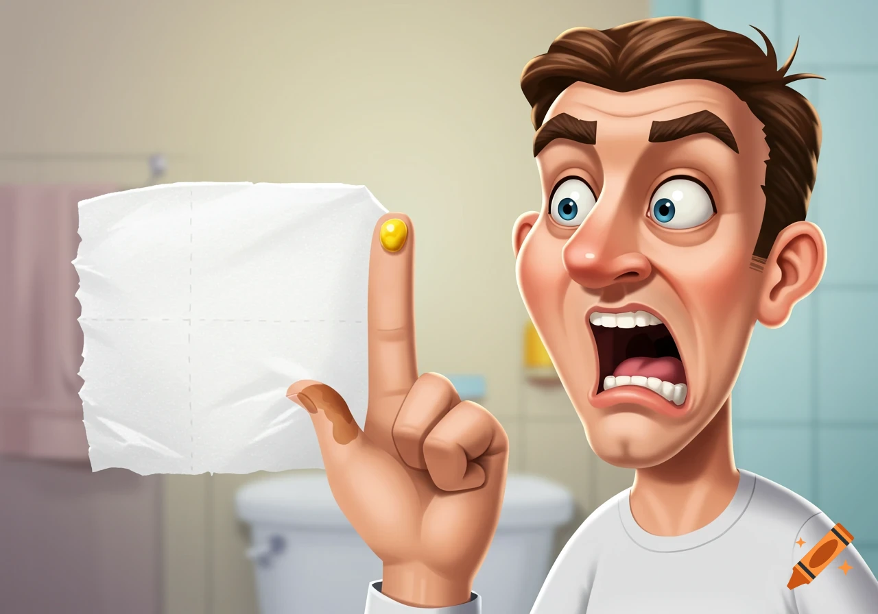 A humorous cartoon man with a shocked face holds a square of toilet paper; his finger pokes through, showing a yellow bead and brown smudges.