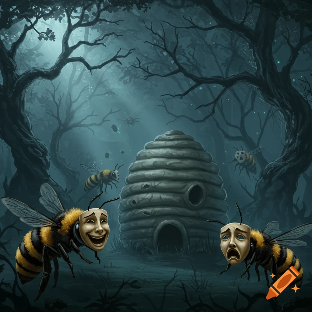 A spooky painting of large bees wearing comedy and tragedy masks, buzzing around a brain-like beehive in a dark, misty forest.