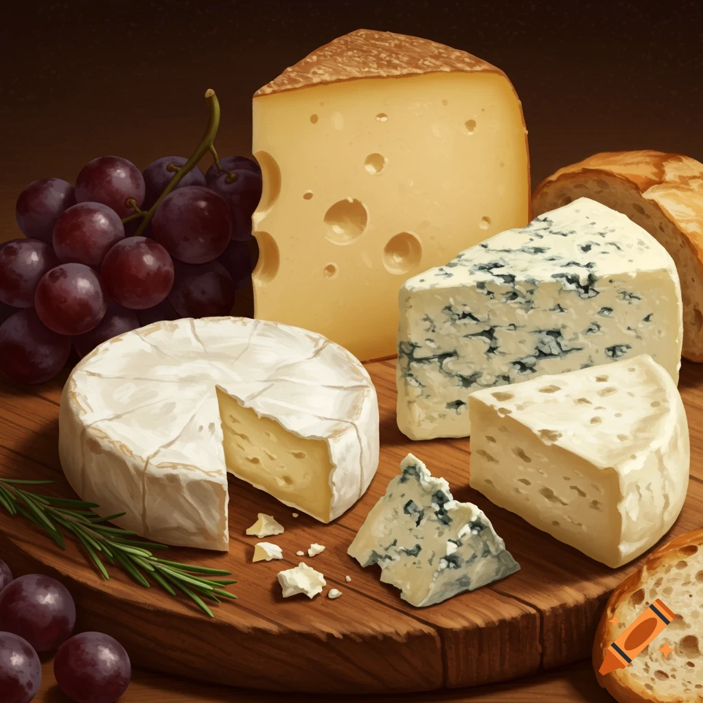 Assorted cheeses, red grapes, and crusty bread are arranged on a wooden board.