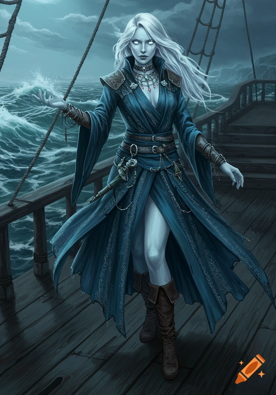 Pale, white-haired fantasy woman in a flowing blue dress stands on a ship's deck, stormy seas behind her, with a glowing hand.