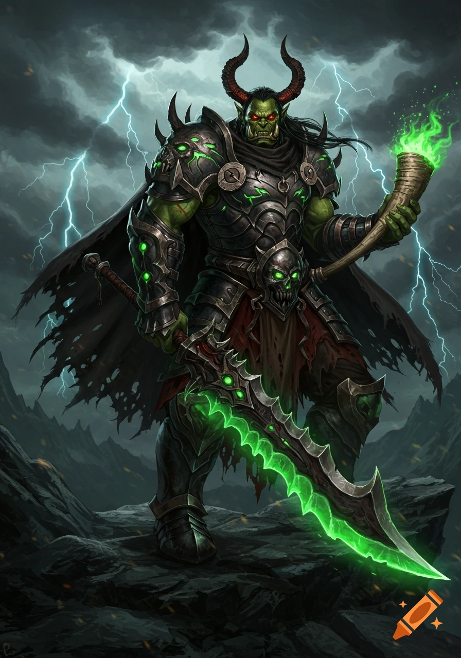 A powerful green orc demon hunter in black armor, with glowing green accents, holds a magical sword and horn under a stormy, lightning-filled sky.