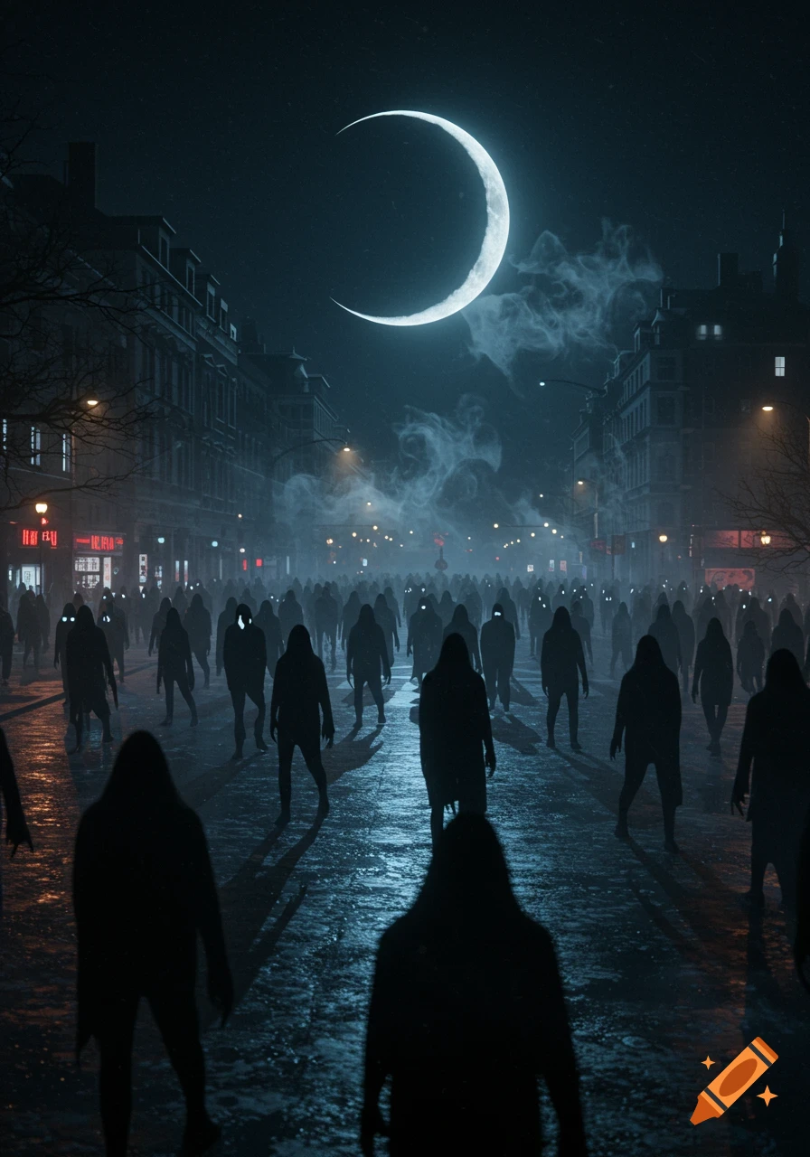 A creepy crowd of silhouetted figures with glowing eyes walks down a dark, wet city street under a large crescent moon.