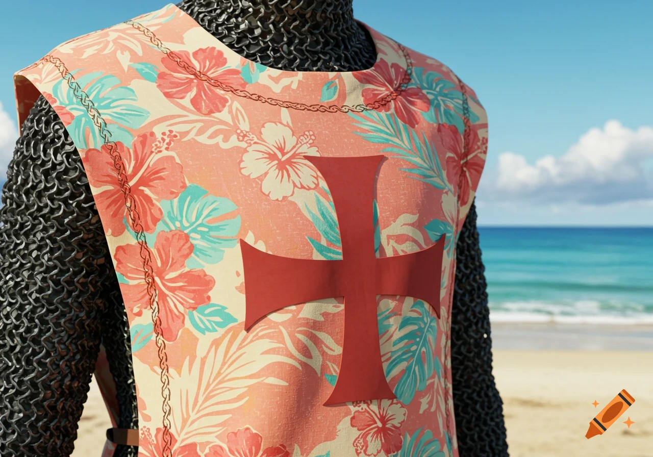 A close-up of a chainmail-clad crusader wearing a Hawaiian print tunic with a red cross, standing on a beach.