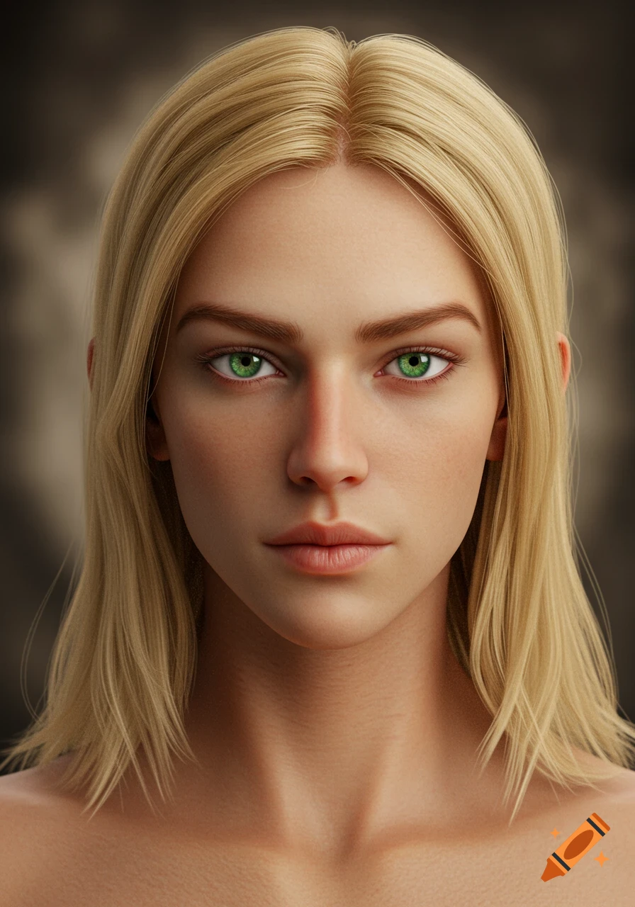 A photorealistic close-up portrait of a blonde woman with striking green eyes, looking directly at the viewer.