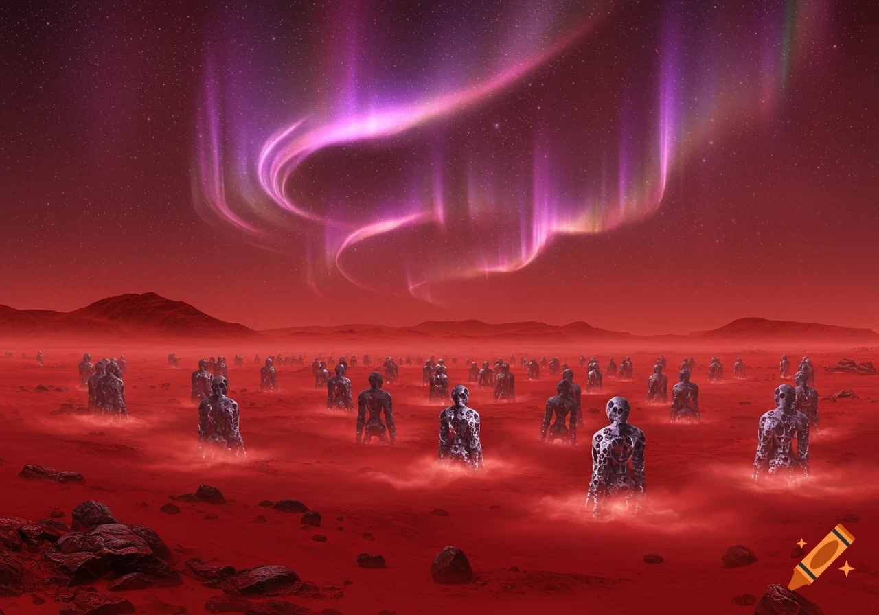 A surreal alien landscape on Mars with many fractured, glowing humanoid figures under a vibrant purple and pink aurora.