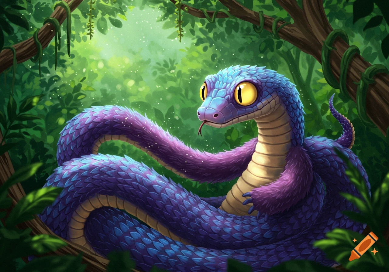 Vibrant cartoon illustration of a purple and blue snake with furry arms and big yellow eyes in a tropical jungle.