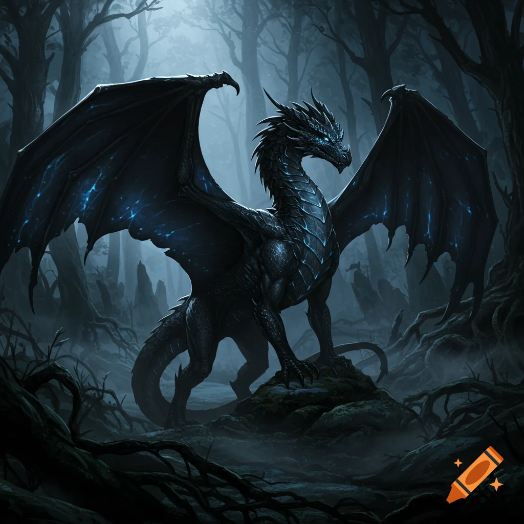 A majestic black dragon with glowing blue scales stands in a dark, misty fantasy forest, its wings spread.