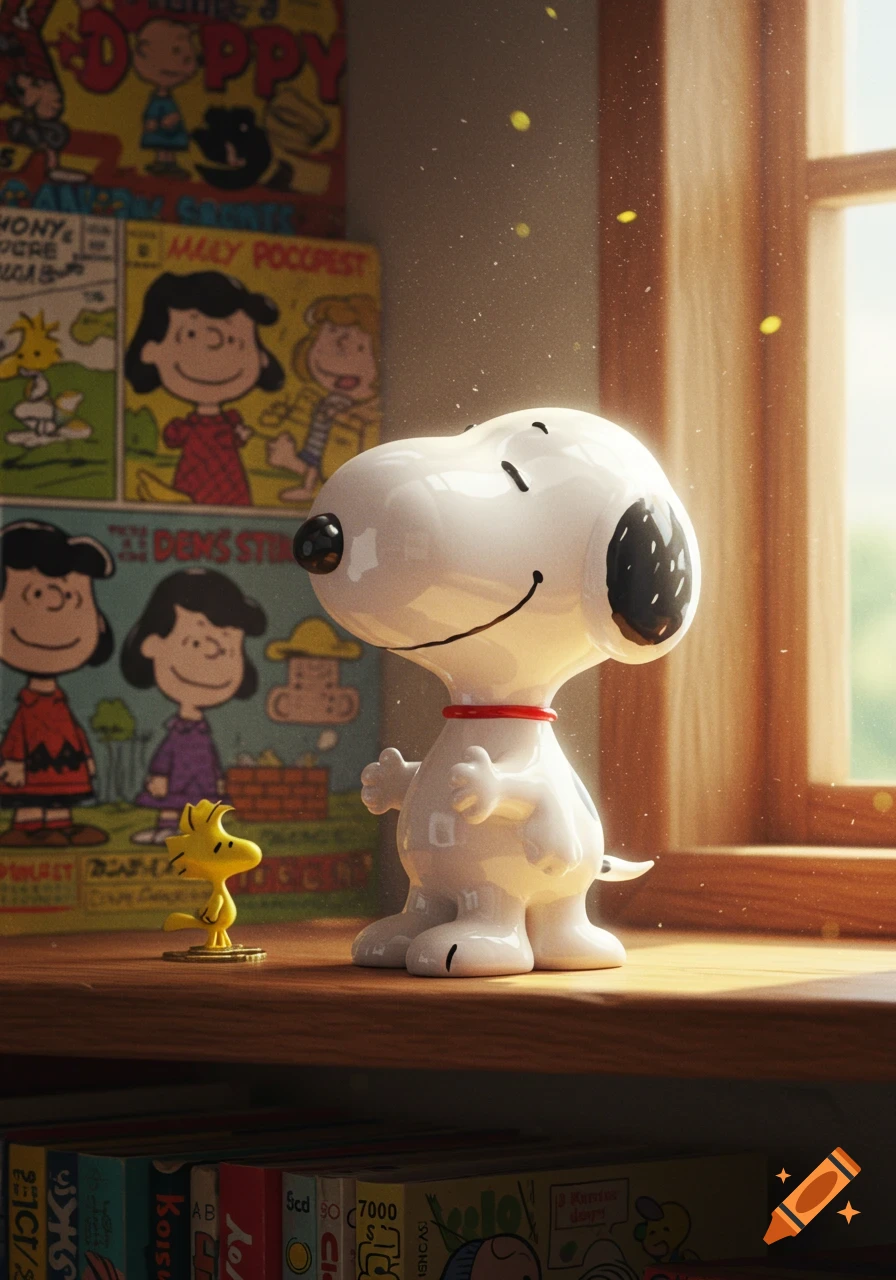 A glossy Snoopy figurine with a red collar stands next to a small Woodstock figurine on a sunlit wooden shelf, with Peanuts comic books in the background.