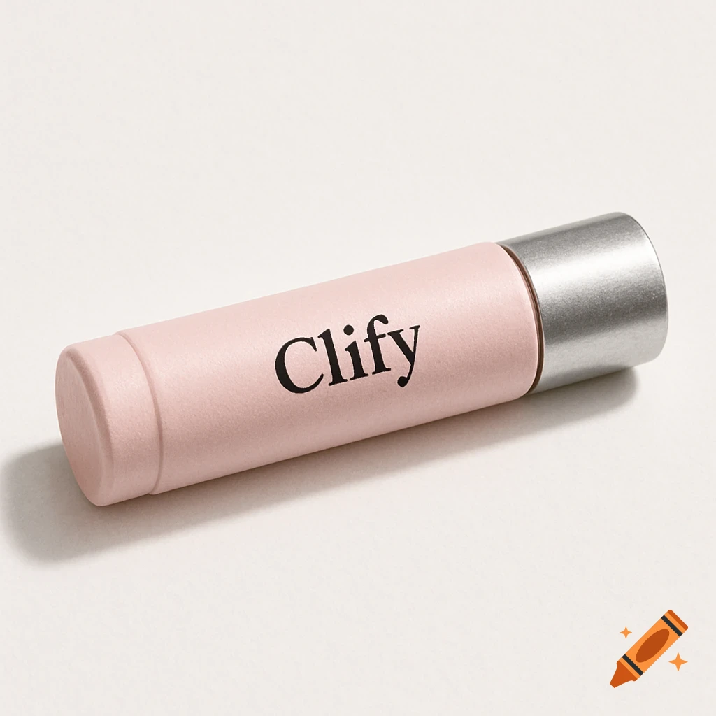 A close-up, photorealistic image of a matte pastel pink lip balm tube with a silver cap and 'Clify' written in black.