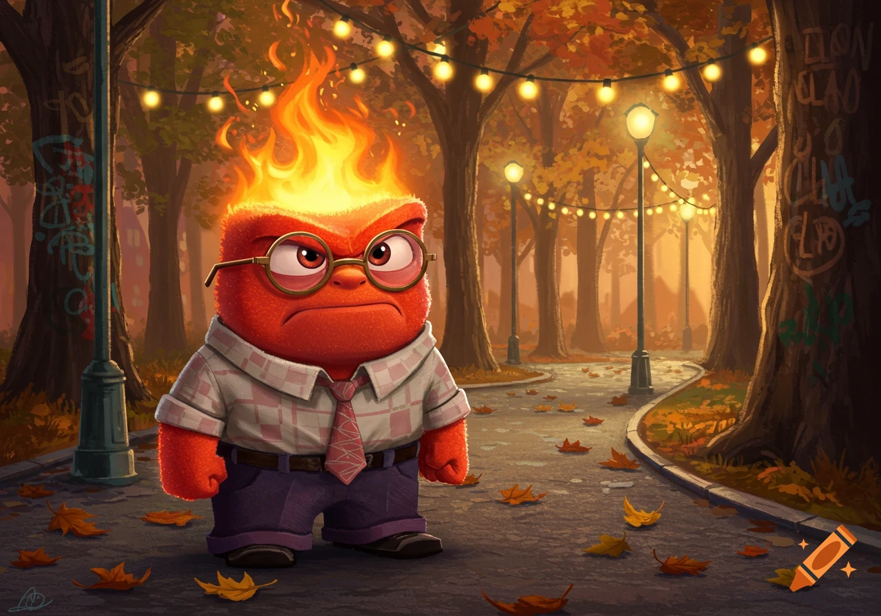 A red, grumpy cartoon character with flames on his head, wearing glasses, a plaid shirt, and a tie, stands in an autumn park with string lights.
