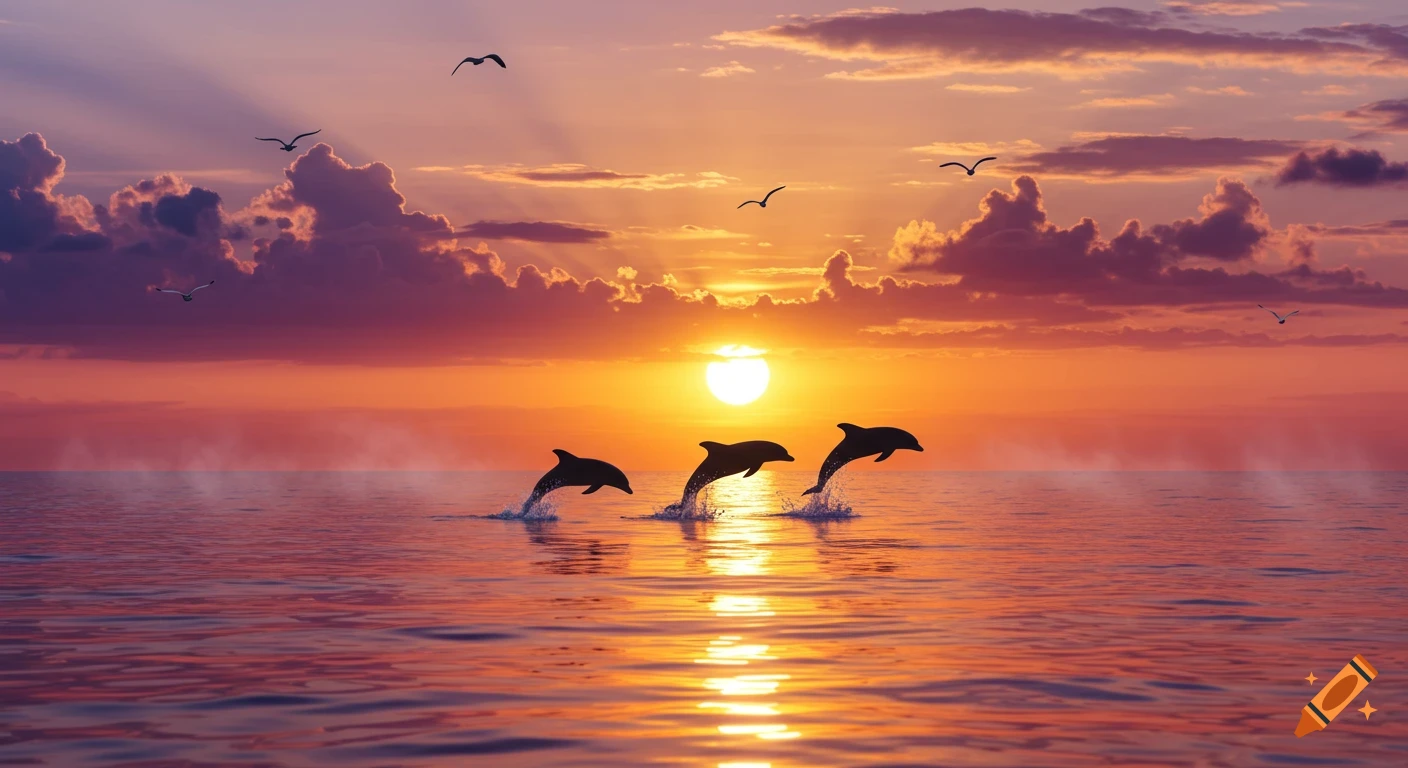 Three dolphins leap from the ocean into a vibrant orange and purple sunset with birds flying in the sky.