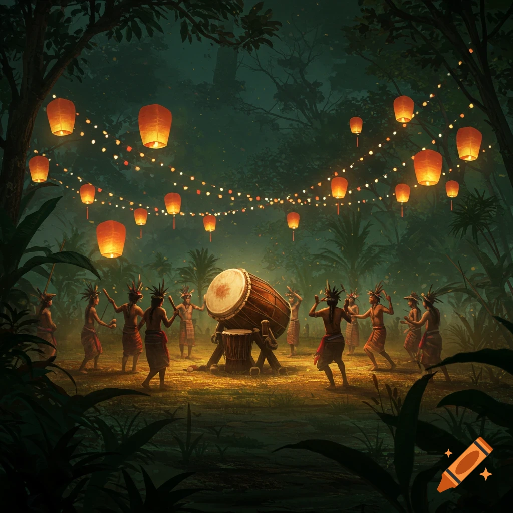 People in traditional attire dance around a large drum under glowing lanterns in a dark jungle at night.