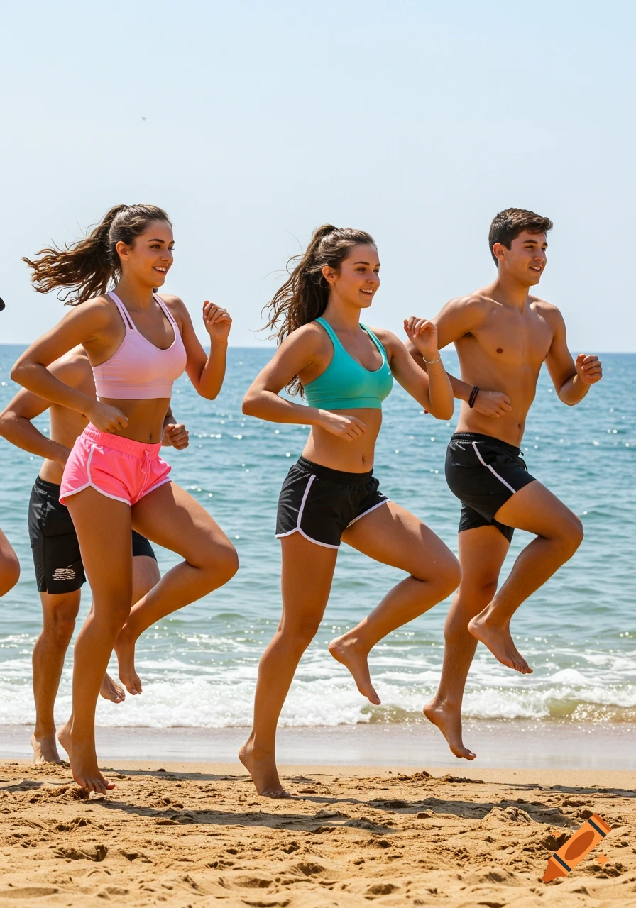 Photorealistic image of a group of teens running on a sandy beach, wearing sports bras and shorts, with the ocean in the background.