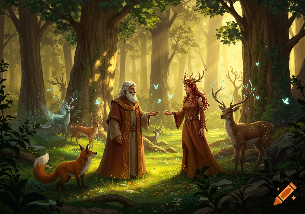 An old wizard and an antlered woman meet in an enchanted forest with deer, a fox, and glowing butterflies.