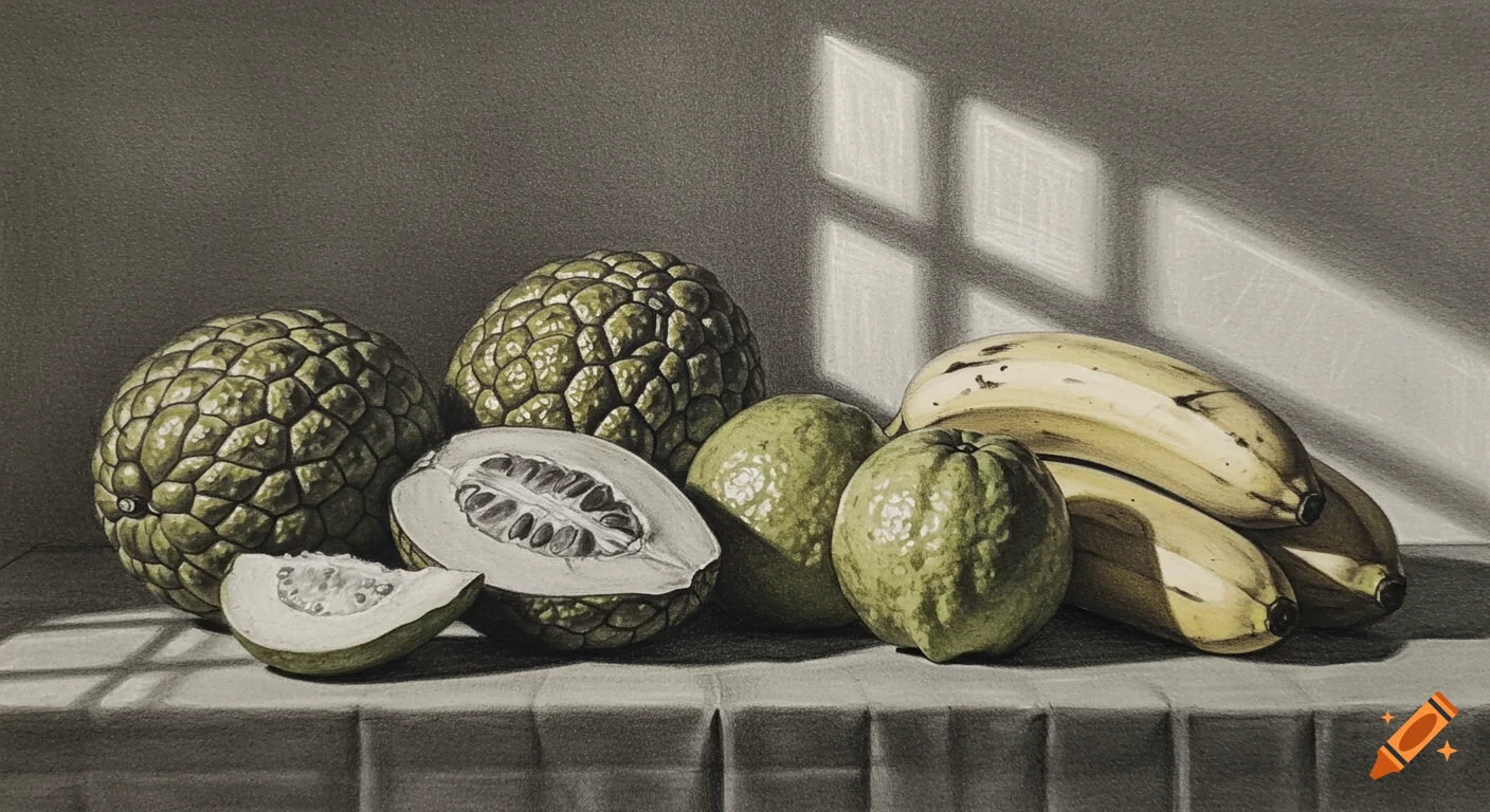 Graphite drawing of a tropical fruit still life, featuring bananas, guavas, and segmented custard apples on a draped table with window light.