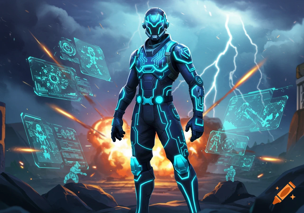 A futuristic warrior in glowing blue and black armor stands amidst explosions and lightning with holographic displays floating around.