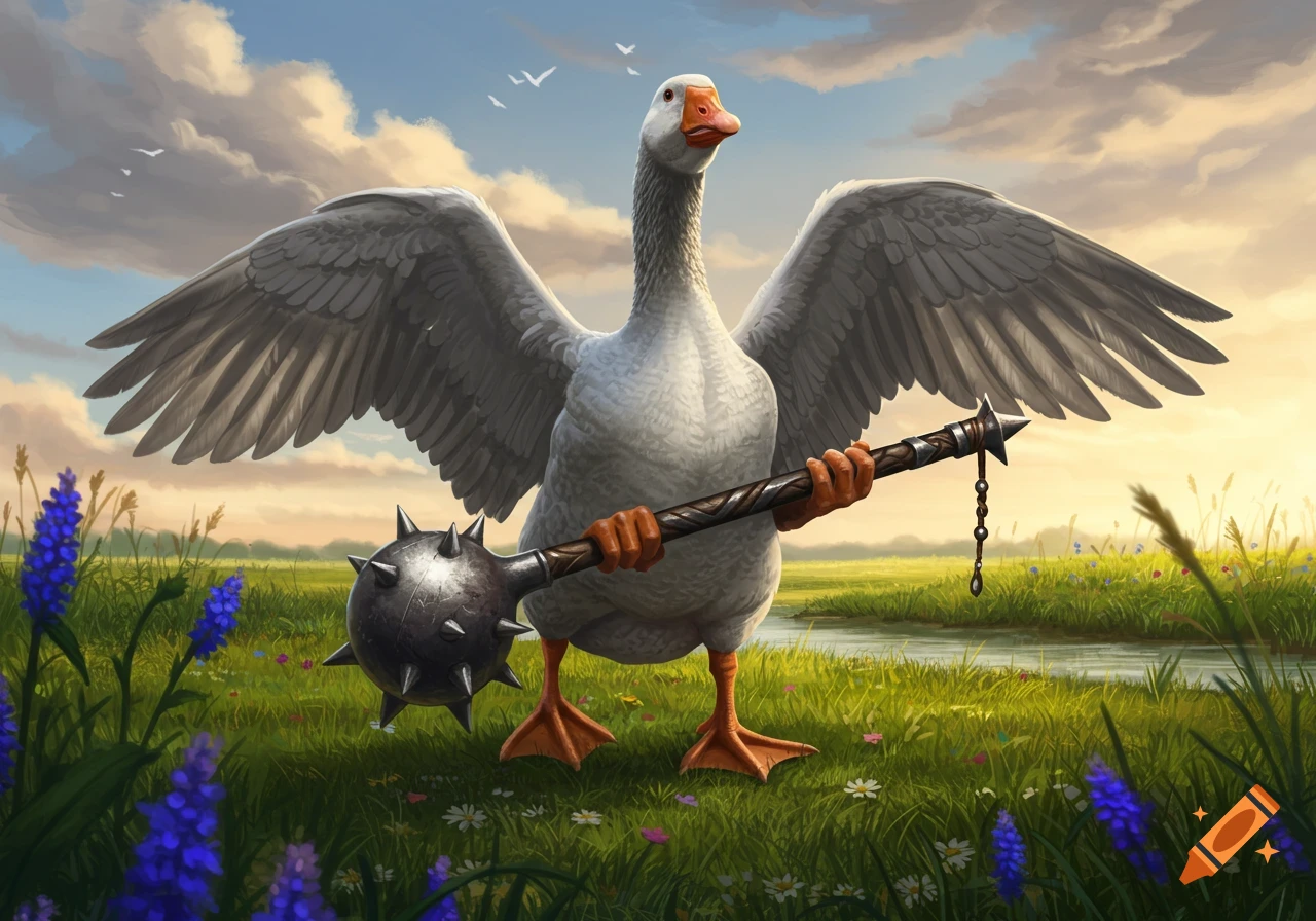 A white goose with its wings spread wide stands in a grassy field, holding a large spiked mace. Stylized art.