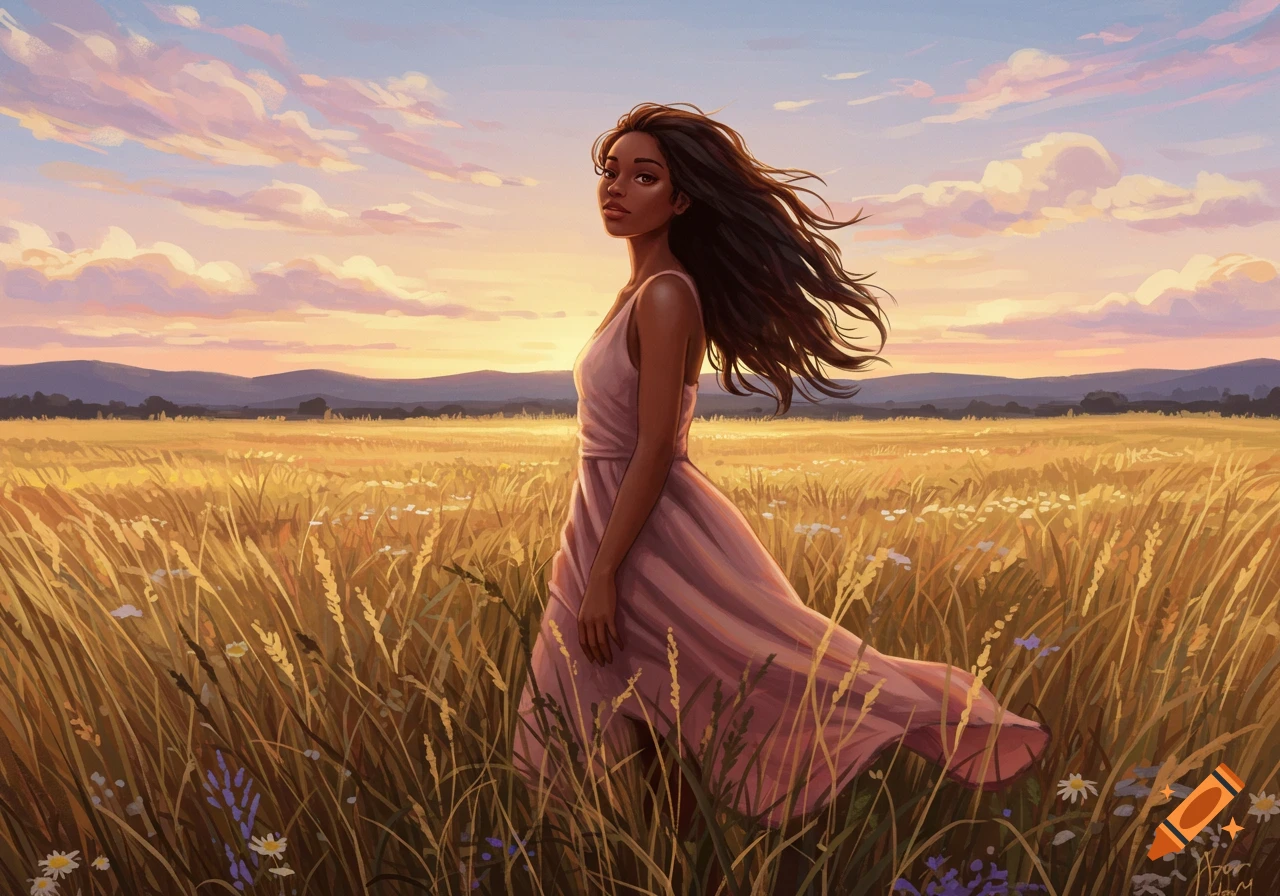Digital painting of a woman in a pink dress with flowing hair in a sunlit golden field at sunset.