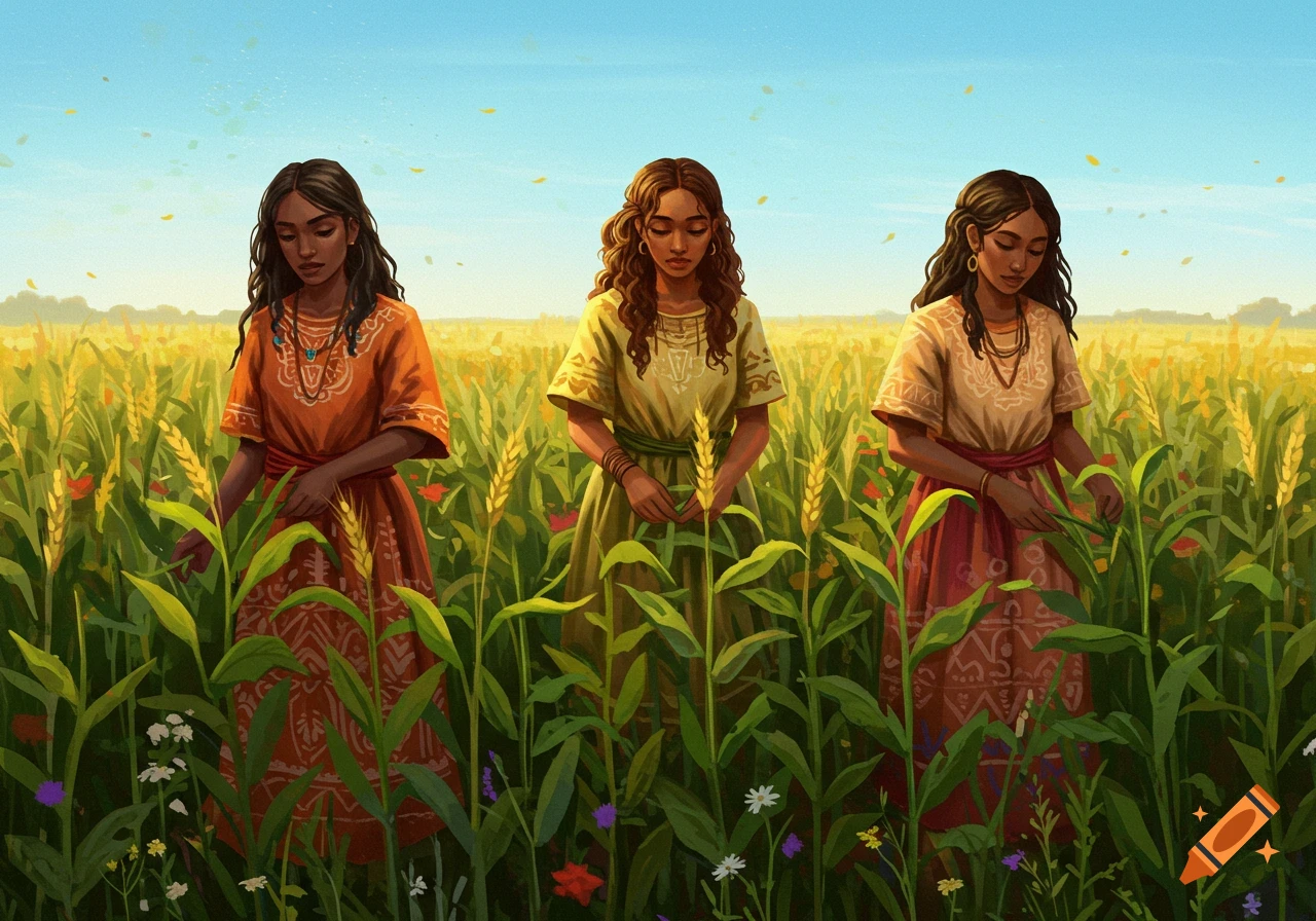 Three women in colorful dresses stand in a sunny field of tall plants, tending to them, in an illustrative style.