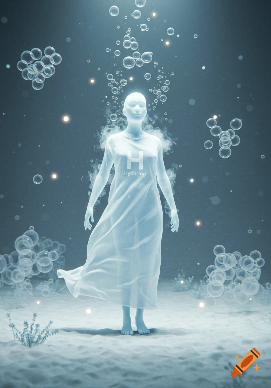 A glowing, translucent figure representing Hydrogen stands surrounded by bubbles and light in a dreamlike, ethereal setting.