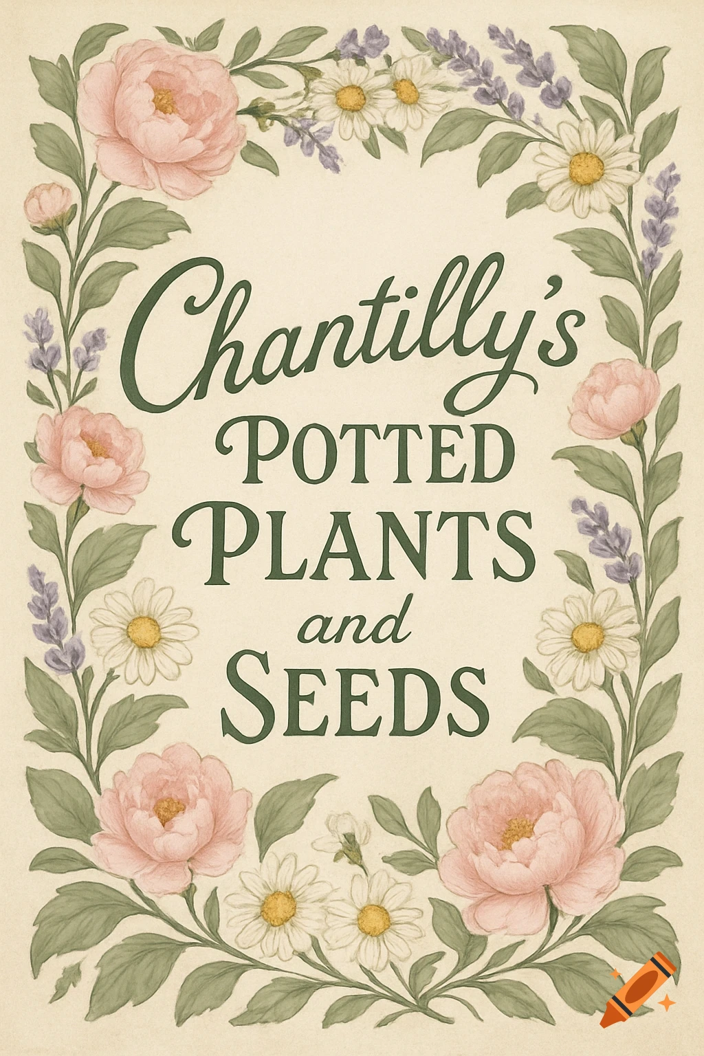 A botanical illustration with a border of pink peonies, daisies, and lavender framing the text 'Chantilly's Potted Plants and Seeds'.