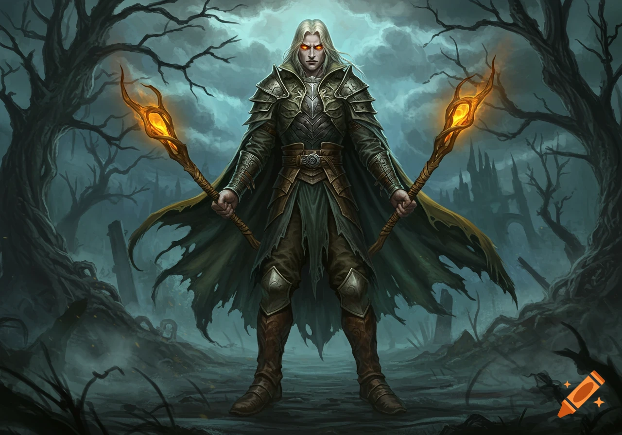 A dark fantasy male with white hair and glowing orange eyes, armored with a tattered cloak, stands in an ominous forest holding two glowing staffs.