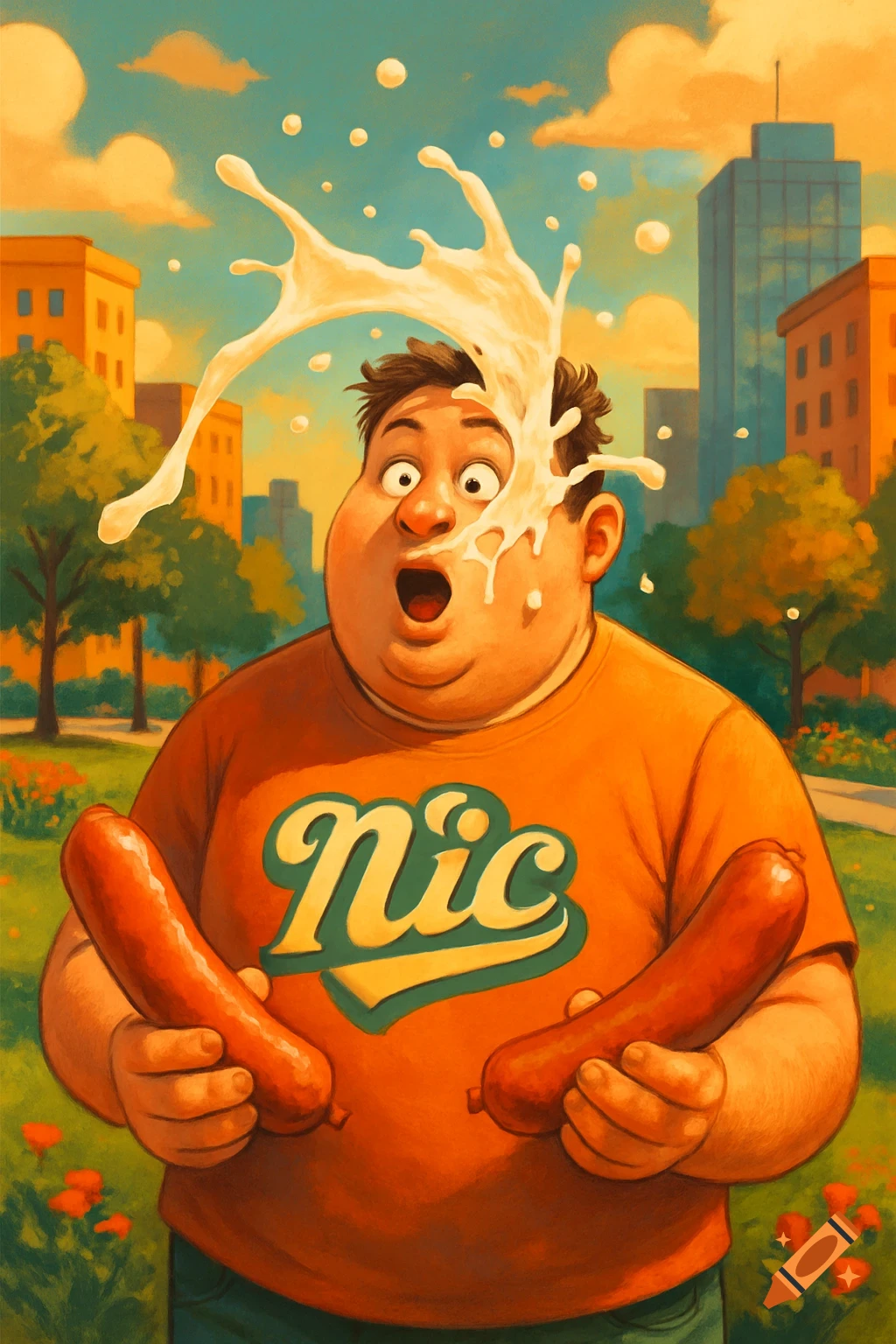 A wide-eyed cartoon man gets milk splashed on his face while holding two large sausages in an outdoor city setting.