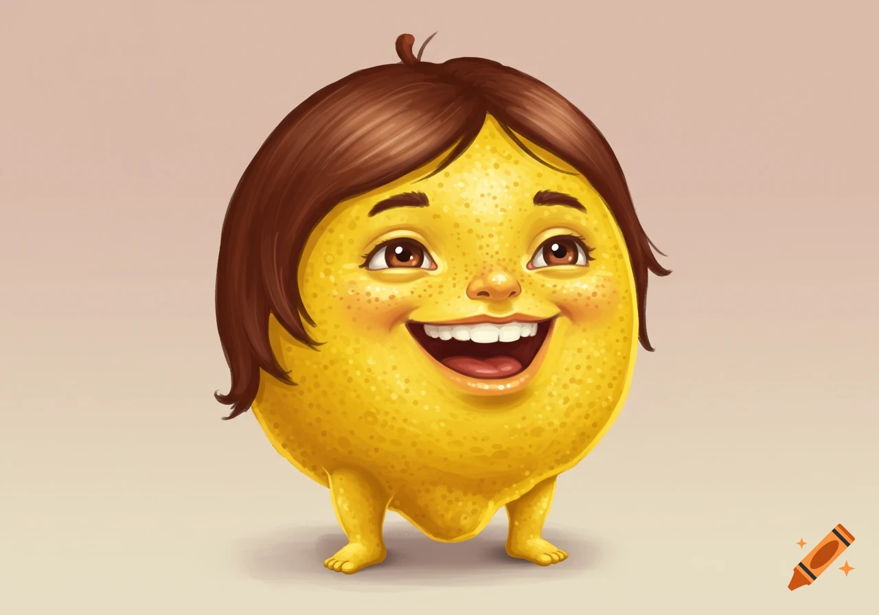 A cheerful, anthropomorphic lemon cartoon illustration with brown hair, freckles, a smiling face, and small bare feet.