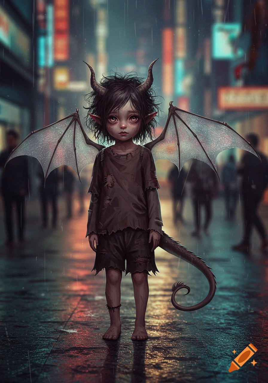 A solemn, horned, winged, child-like dragon creature in tattered clothes stands barefoot in a rainy city street at night.