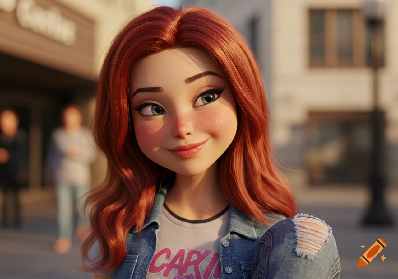 Photorealistic 3D render of a smiling, cute red-haired animated girl with freckles, wearing a denim jacket, on a street.